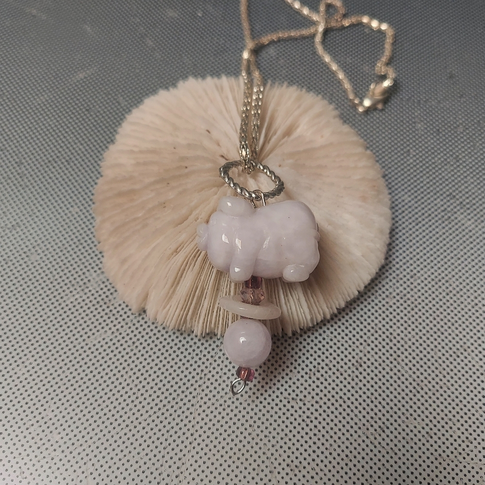 Lavender authentic jade pig with lifesaver and rn bead on silver chain necklace